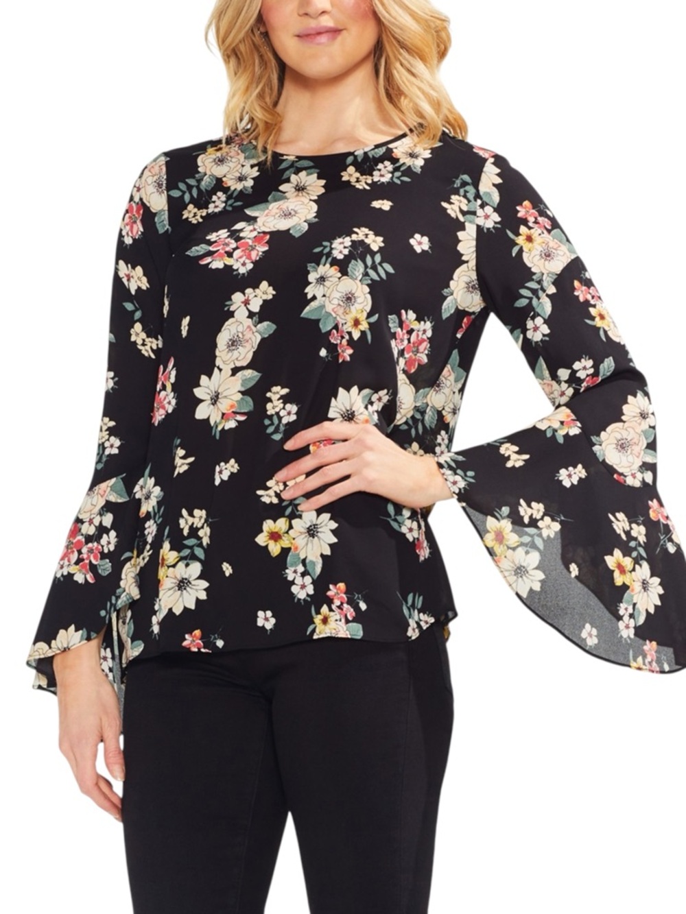 Vince Camuto Black Floral Pullover Bell Sleeve Blouse Top (S)